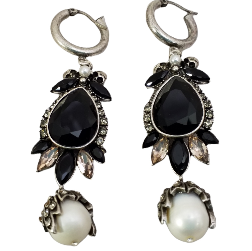 BLACK CRYSTAL & PEARL DROP EARRINGS, NWOT